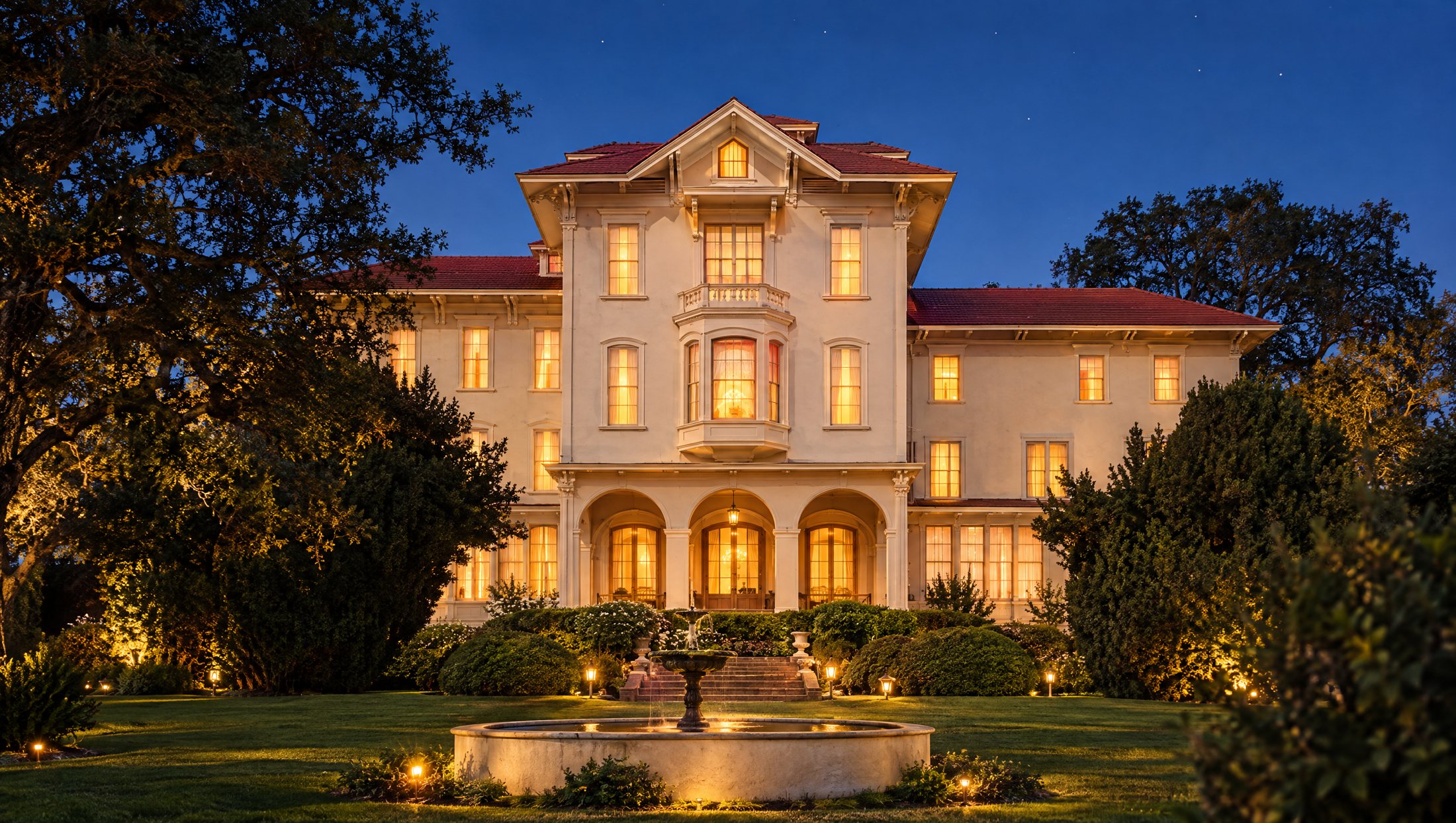 Ralston Hall at dusk with every window lit, the fountain and lawn in the foreground
