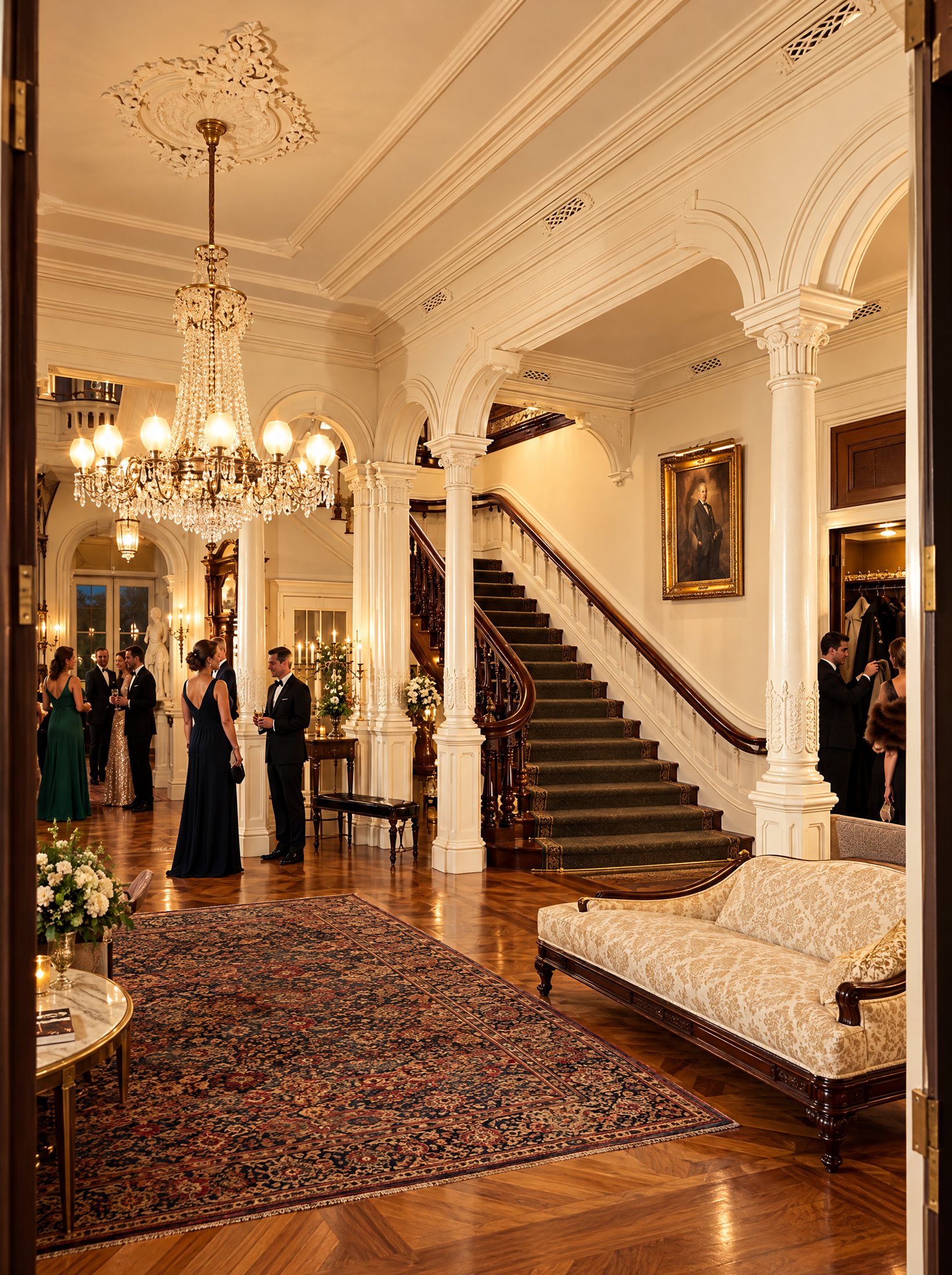 Concept of the restored entry hall and grand staircase with arriving guests