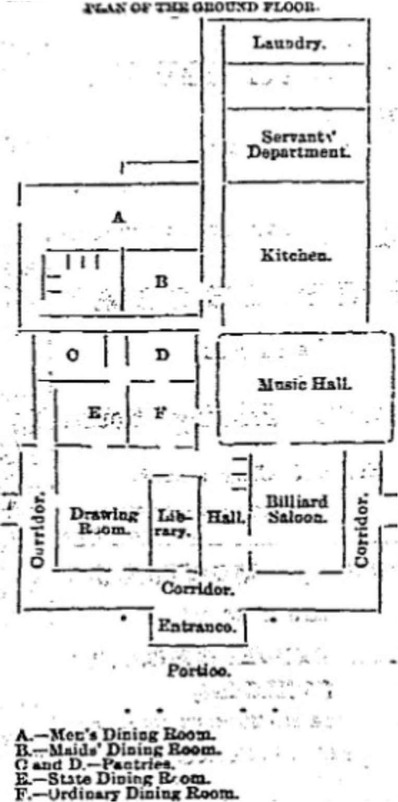 Ground-floor plan published in the San Francisco Chronicle, 1870.