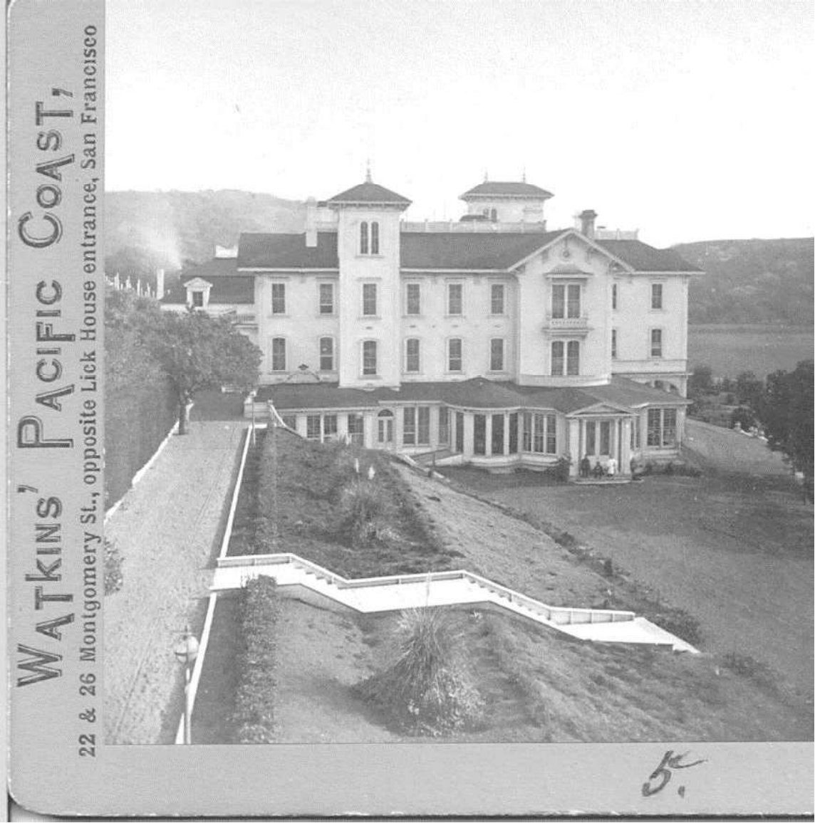 Carleton Watkins stereoview of the south facade, showing both towers and the garden terrace.