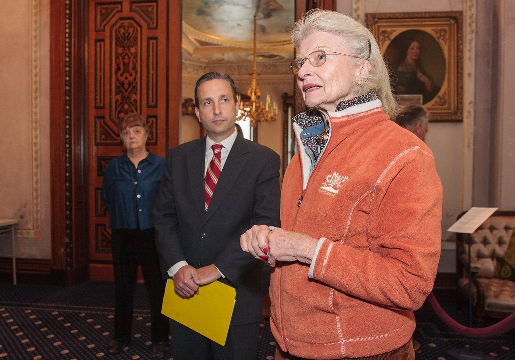 Curatorial board chair leading a tour of the mansion interiors, October 2014