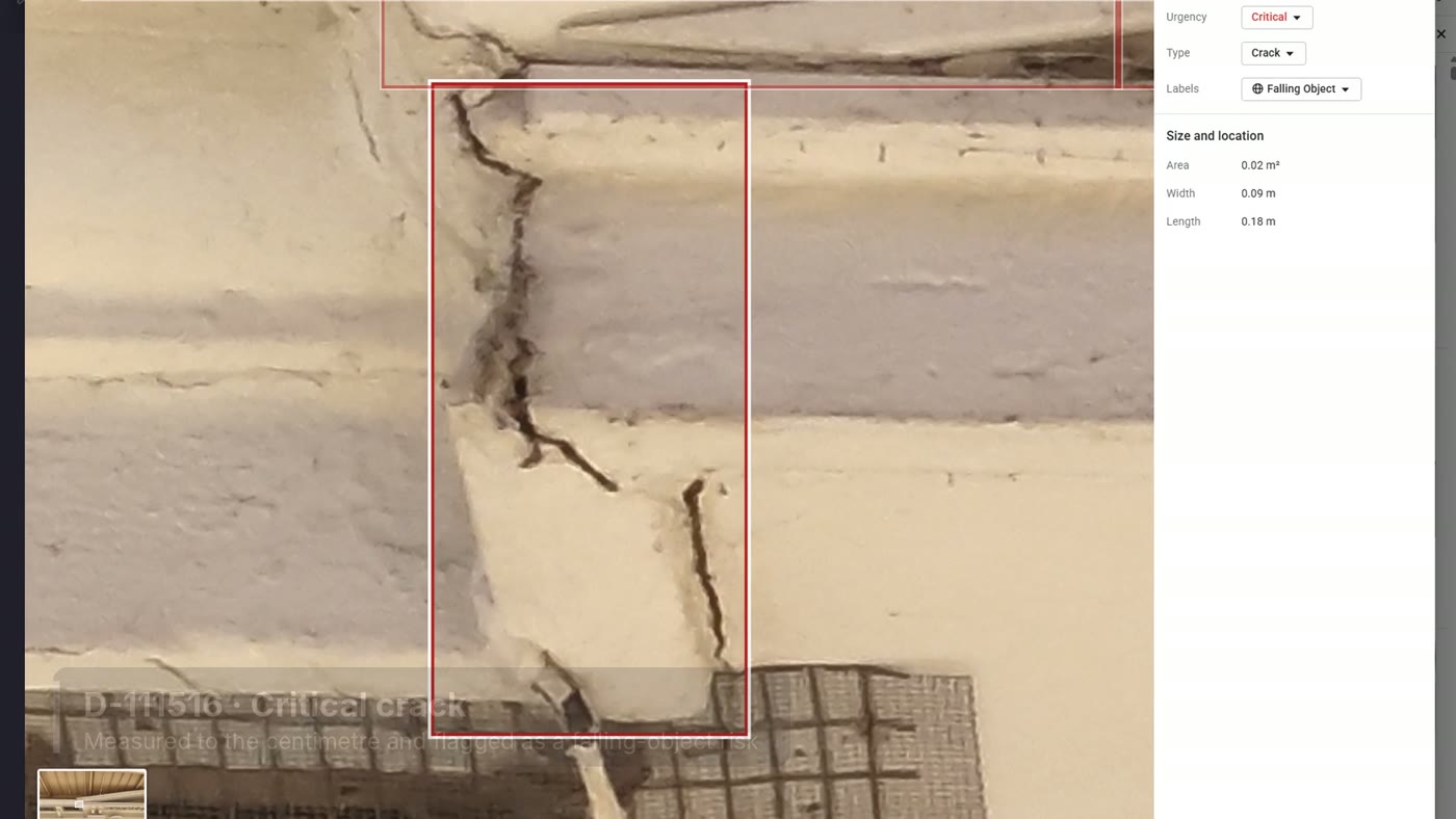 AI-detected crack measured on the facade