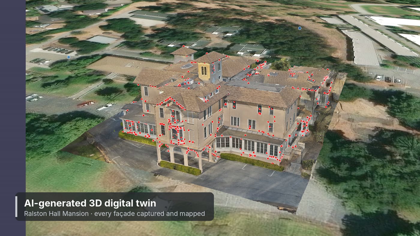 Inspekt AI 3D model of Ralston Hall with defects pinned